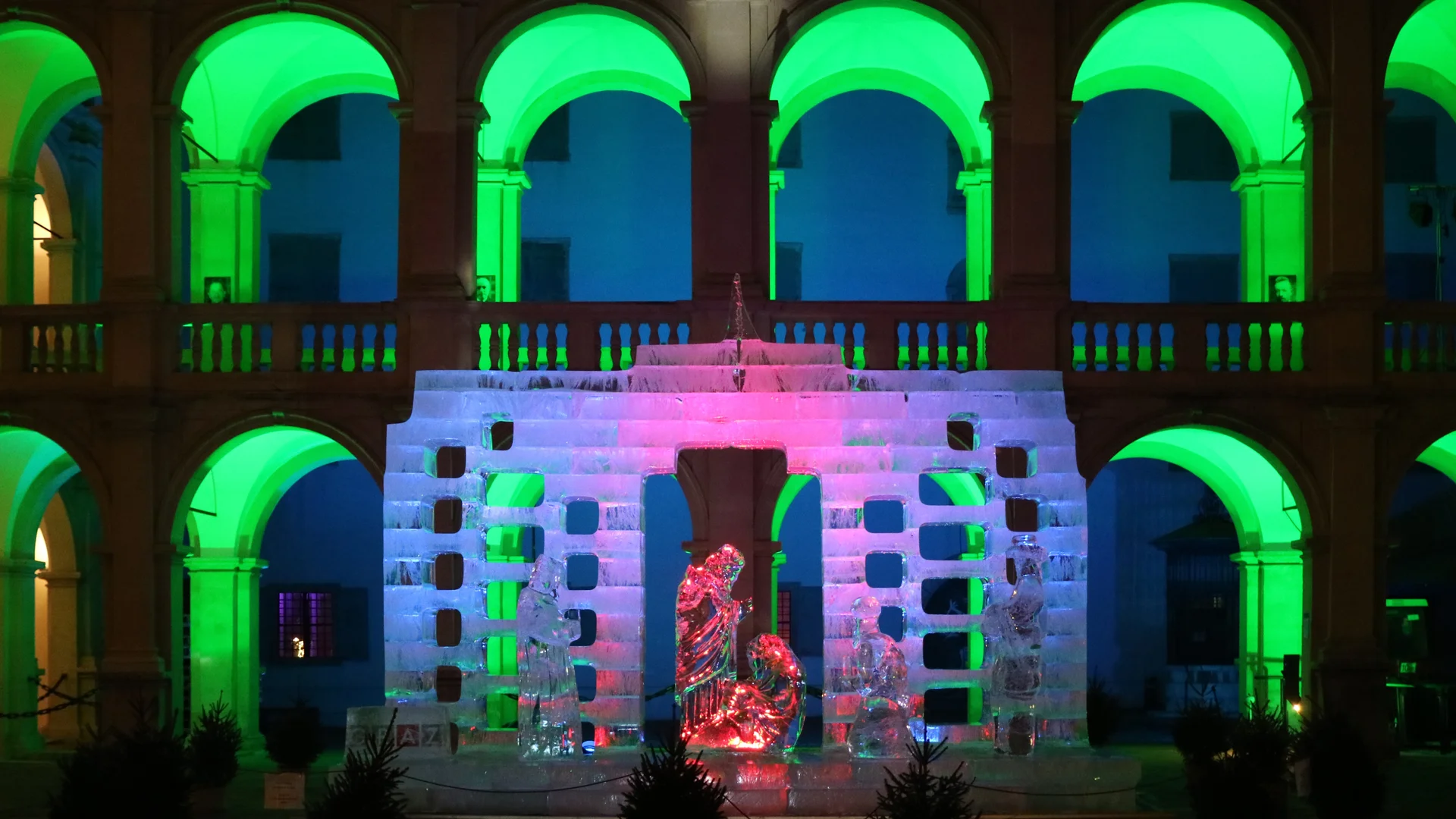 Graz historic Landhaus courtyard adorned with festive Eiskrippe in winter