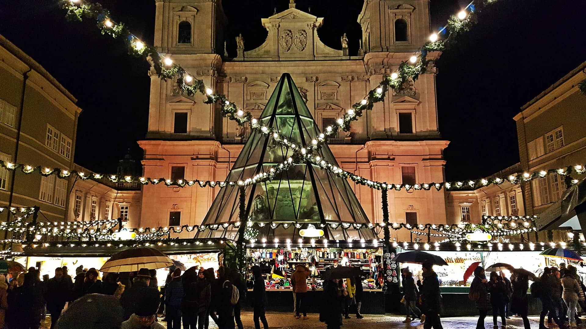 Salzburg Cathedral illuminated during winter Christmas market festivities