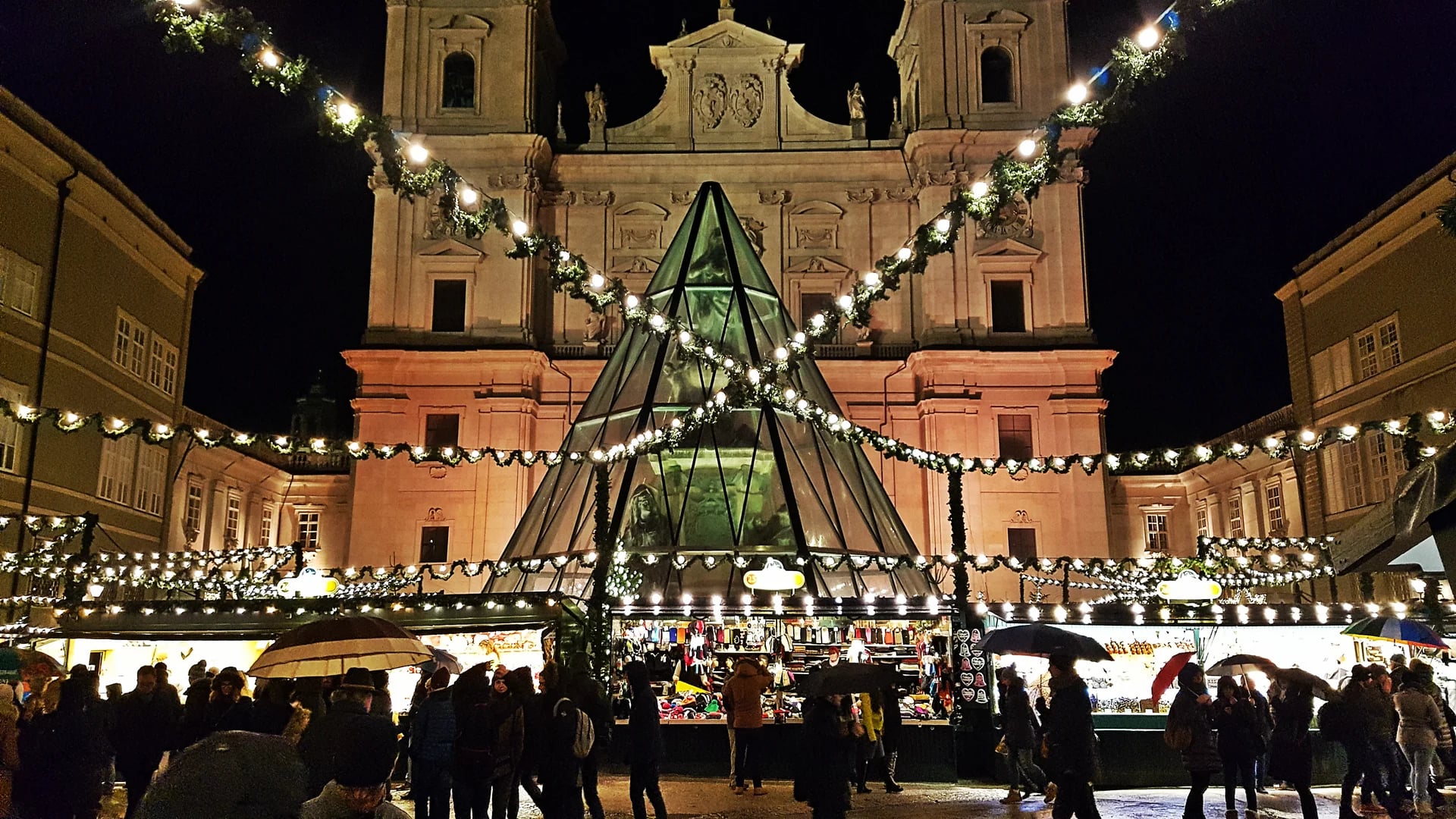 Salzburg Cathedral illuminated during winter Christmas market festivities