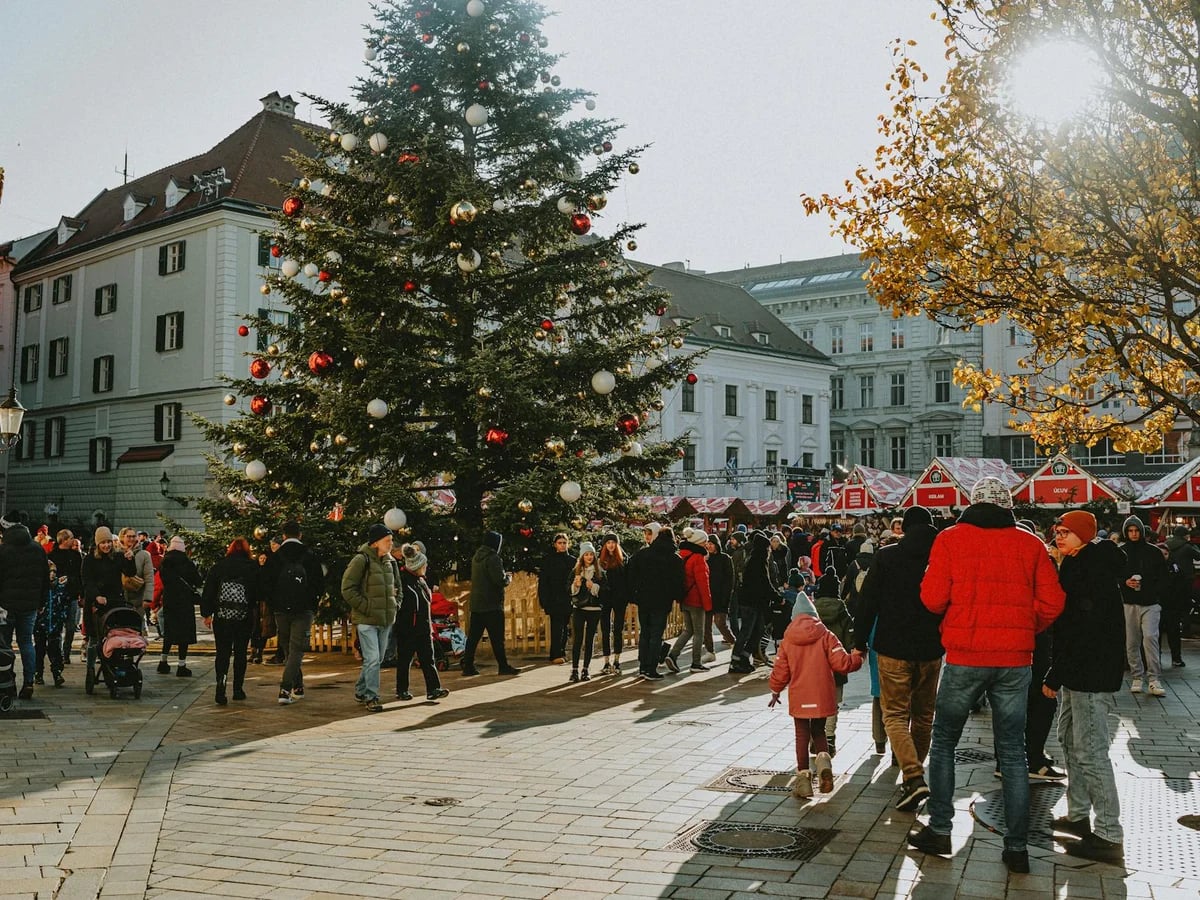 Vienna vibrant Christmas market scene with decorated tree in winter
