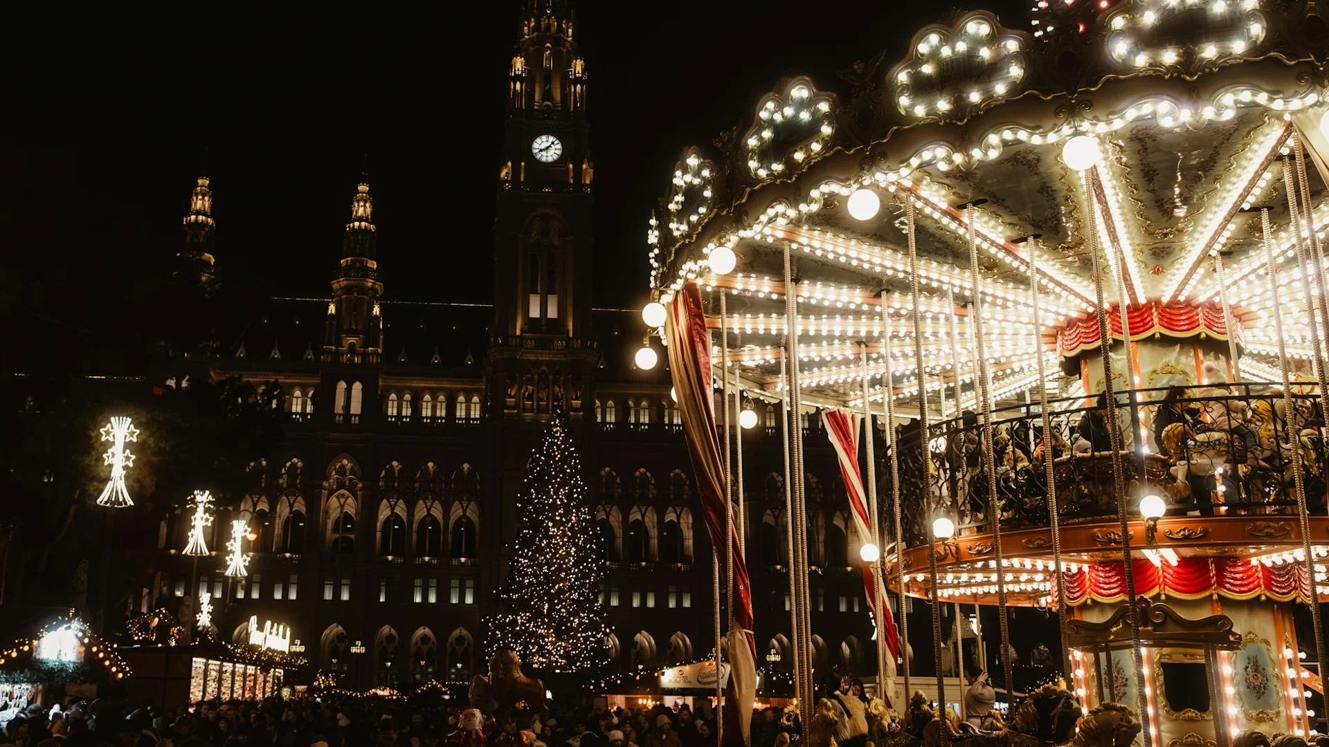Vienna Rathaus illuminated at night during the enchanting Christmas season