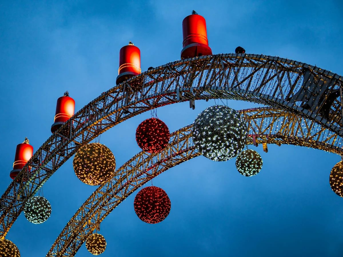 Vienna Riesenrad Ferris Wheel adorned with festive Christmas lights at twilight