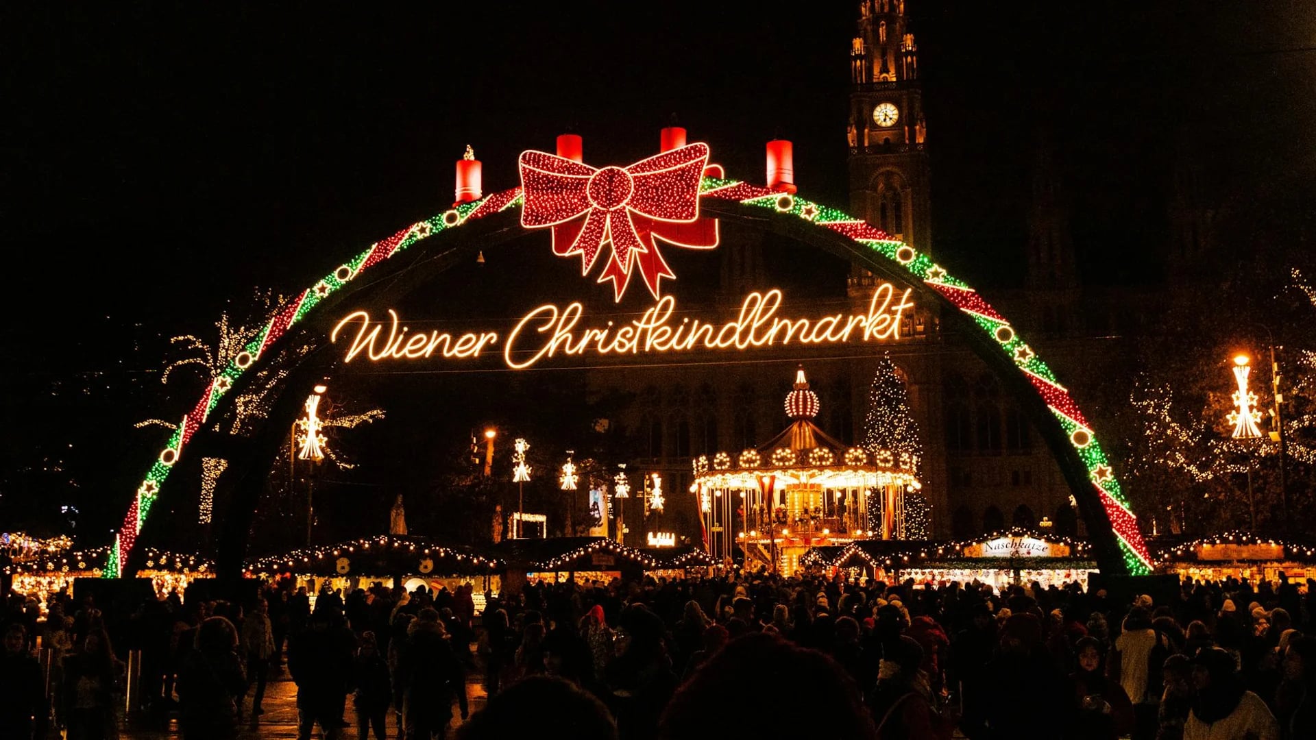 Vienna illuminated Rathaus glows during the festive Vienna Christmas market season