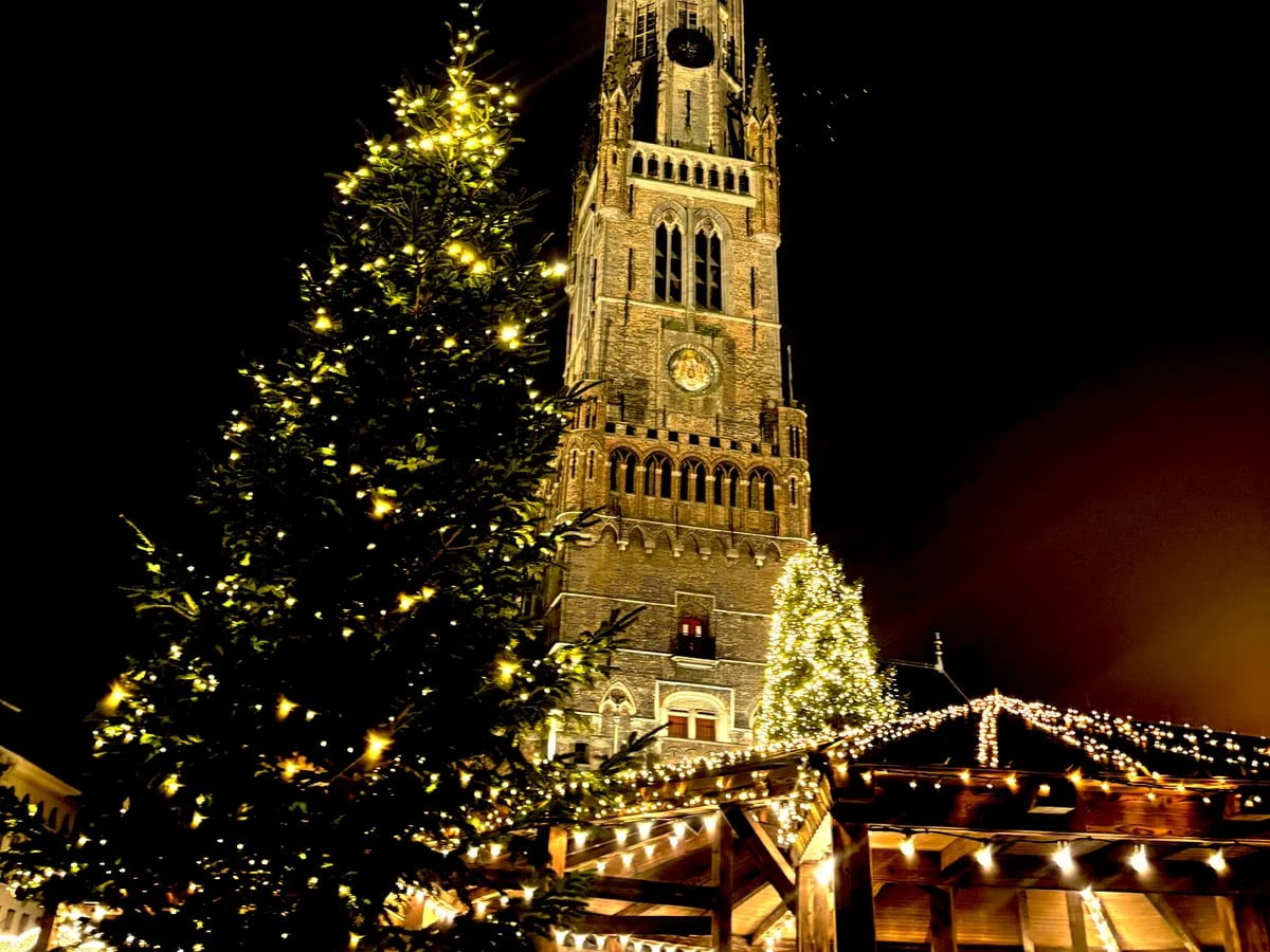 Bruges Belfry tower illuminated during Bruges Christmas winter season