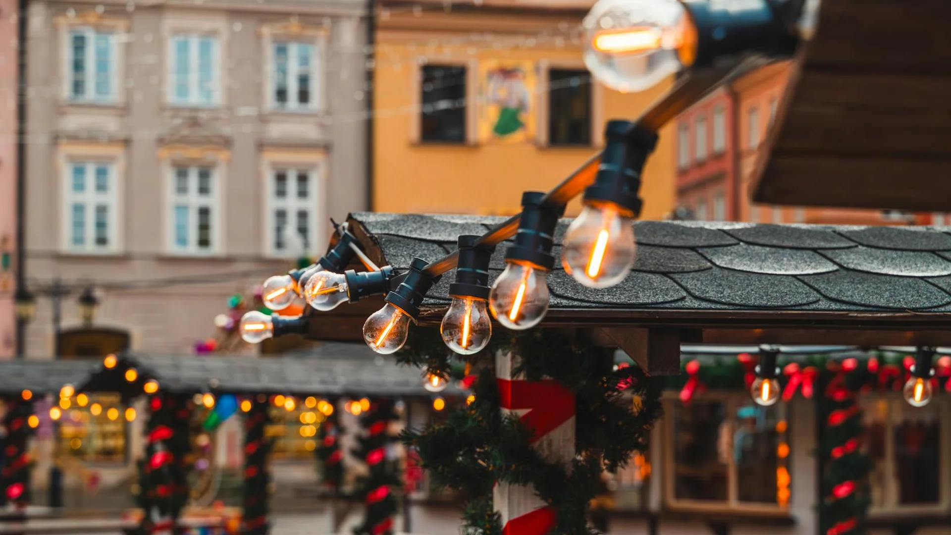 Plovdiv glowing string lights and festive garlands in winter
