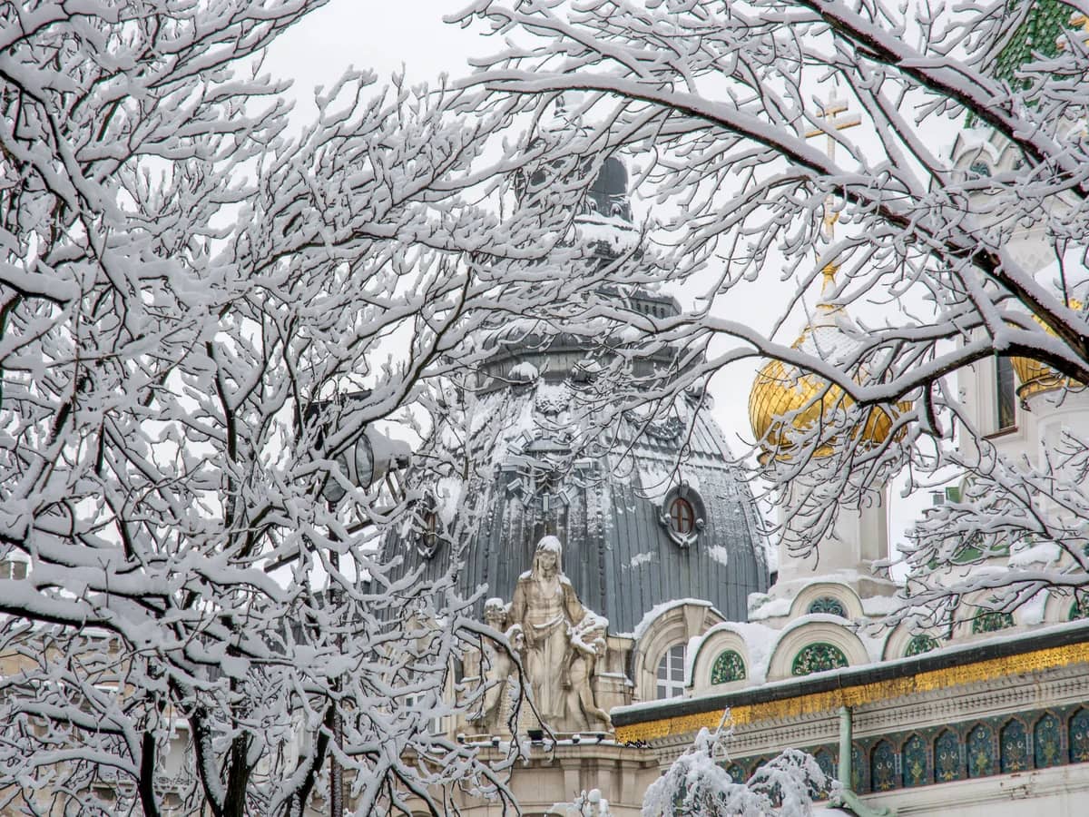 Sofia's Alexander Nevsky Cathedral adorned in snow during winter magic