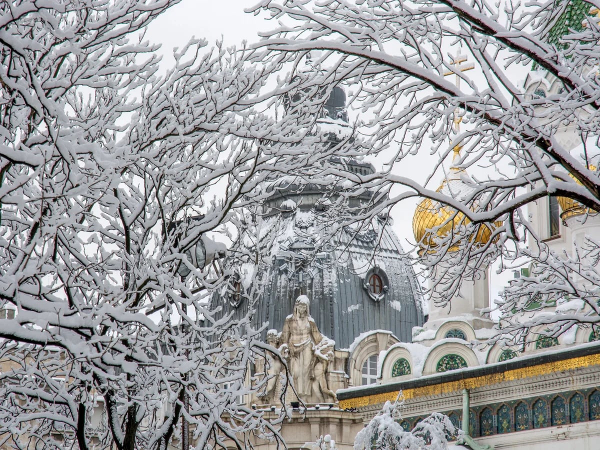 Sofia's Alexander Nevsky Cathedral adorned in snow during winter magic