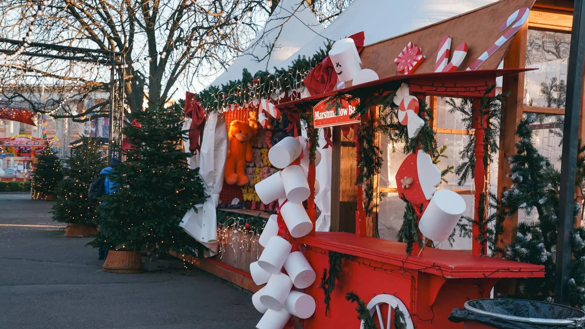 Veliko Tarnovo charming marshmallow vendor stall in festive winter atmosphere