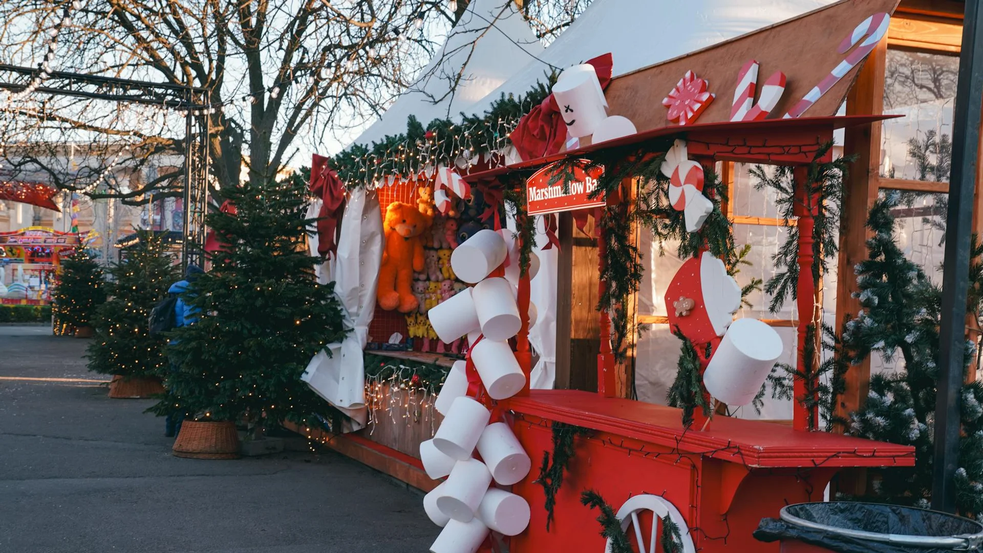 Veliko Tarnovo charming marshmallow vendor stall in festive winter atmosphere