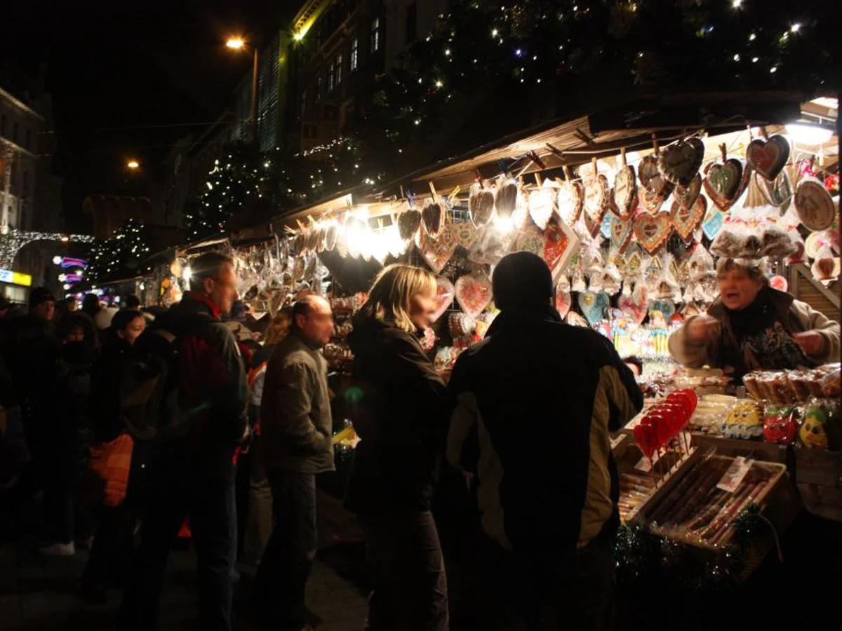 Brno evening scene with visitors enjoying the Christmas market atmosphere