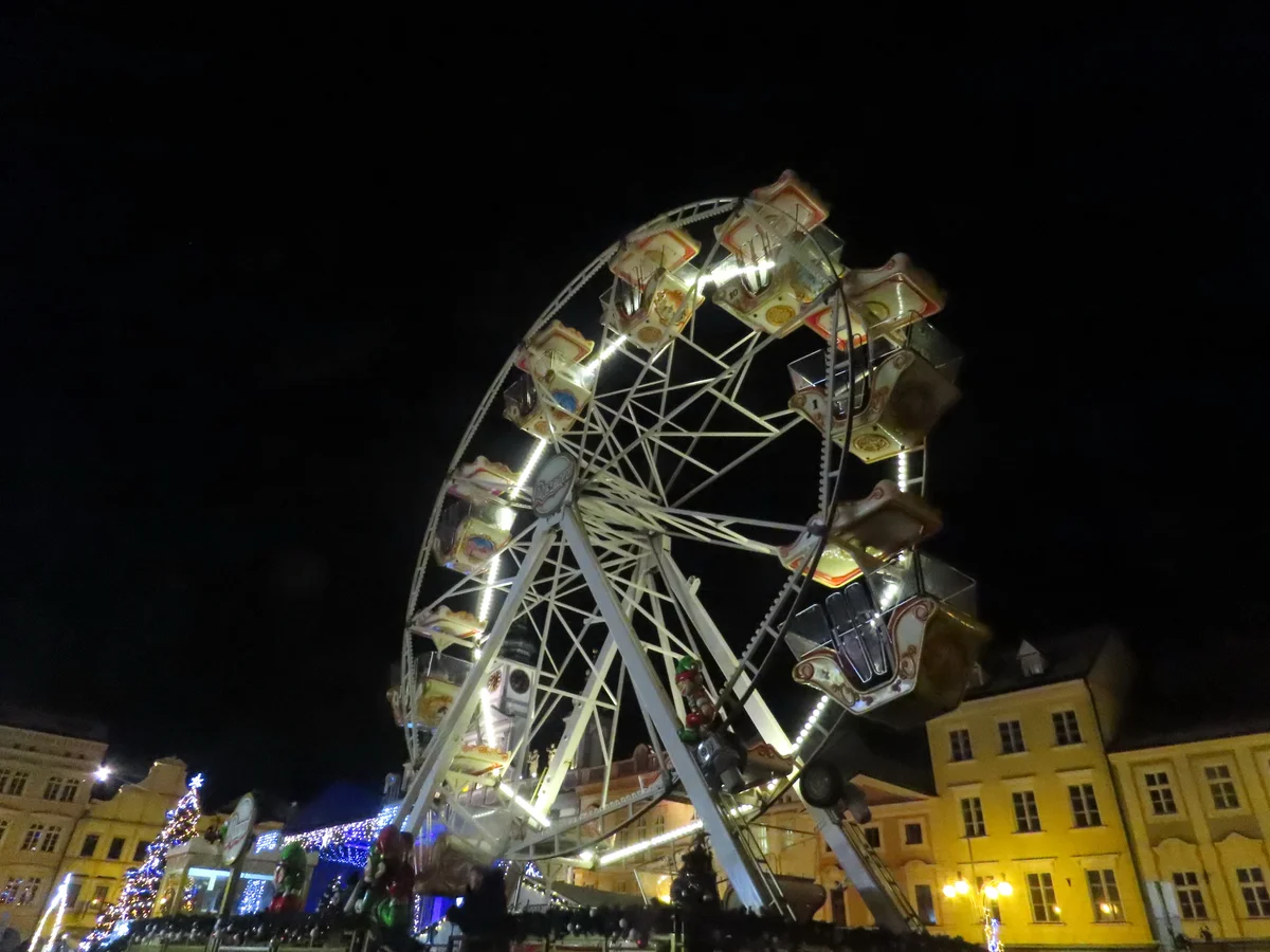 České Budějovice Ferris wheel illuminated at Christmas night
