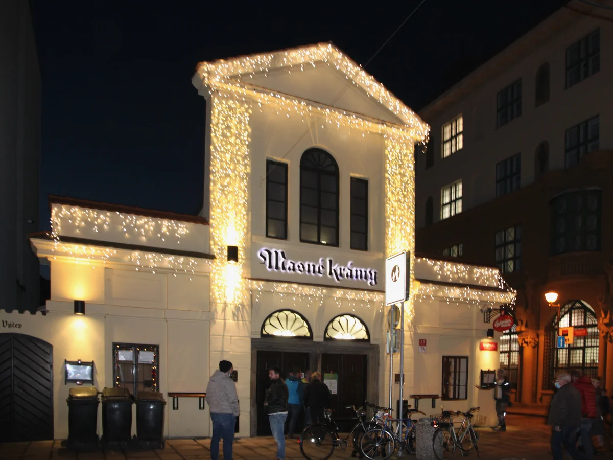 České Budějovice Masné Krámy illuminated with Christmas icicle lights
