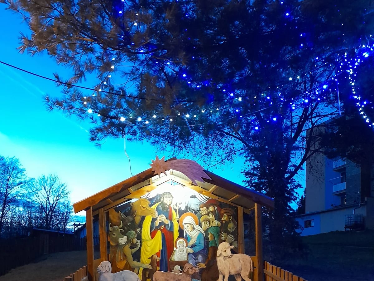 Český Krumlov illuminated nativity scene under blue-lit trees during winter