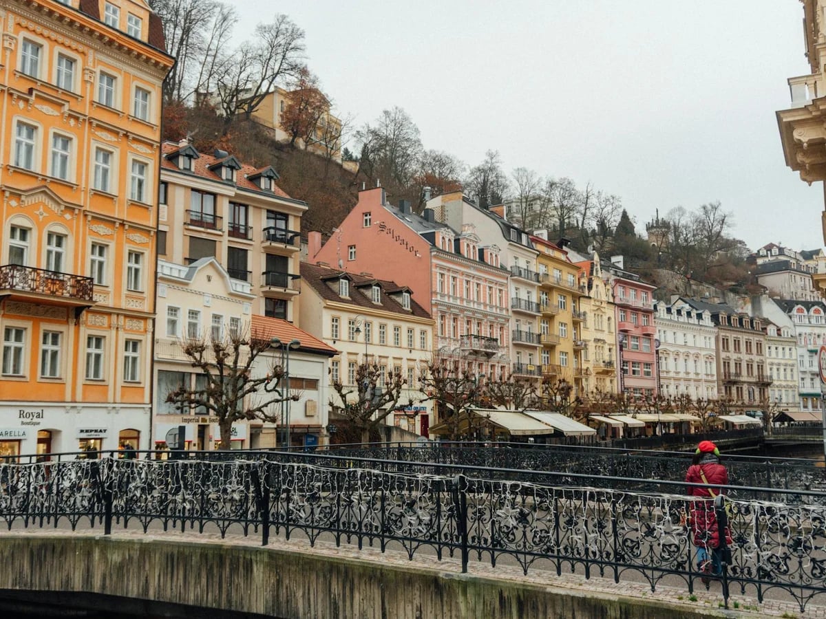 Karlovy Vary colorful riverside architecture in autumn season