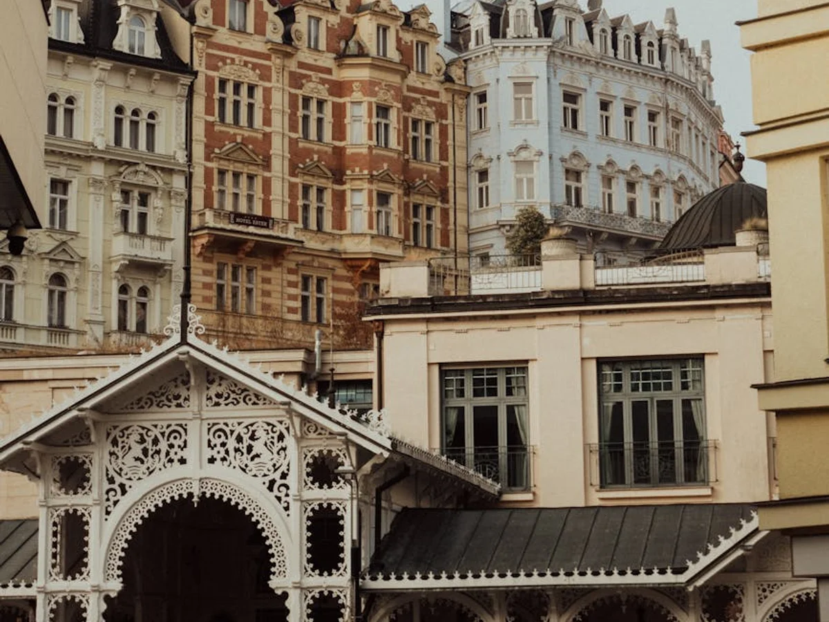 Karlovy Vary's ornate Belle Époque colonnade in winter sun