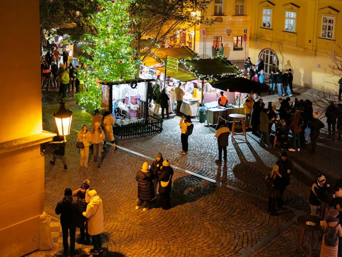 Karlovy Vary Christmas market with glowing tree and festive crowds at blue hour