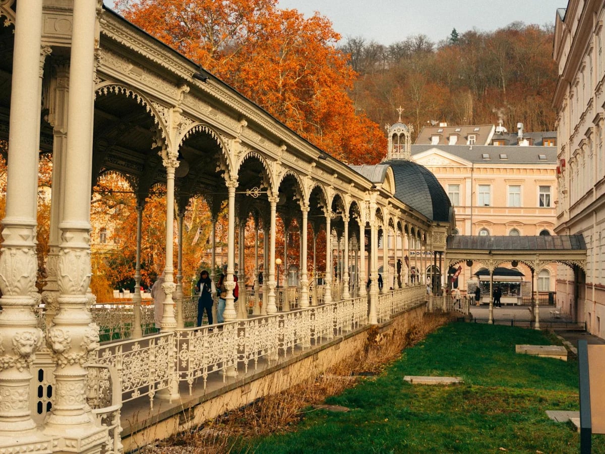 Karlovy Vary elegant colonnade in vibrant autumn colors