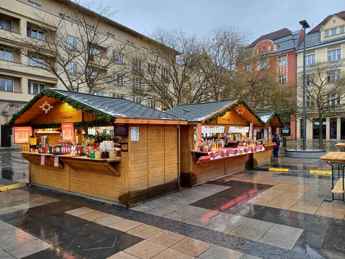 Ostrava Christmas market stalls at Masarykovo náměstí in winter daylight