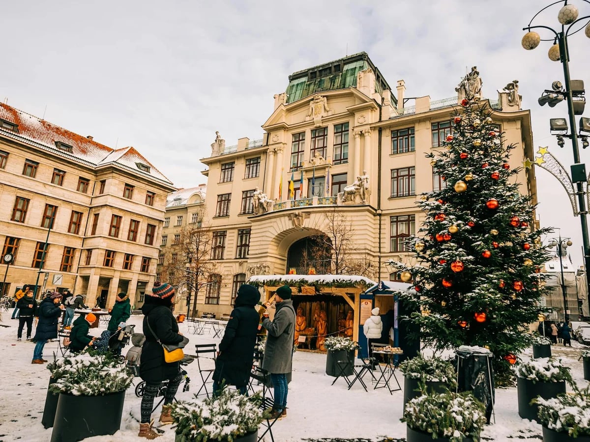 Prague Christmas market scene with festive decorations and Austro-Hungarian architecture