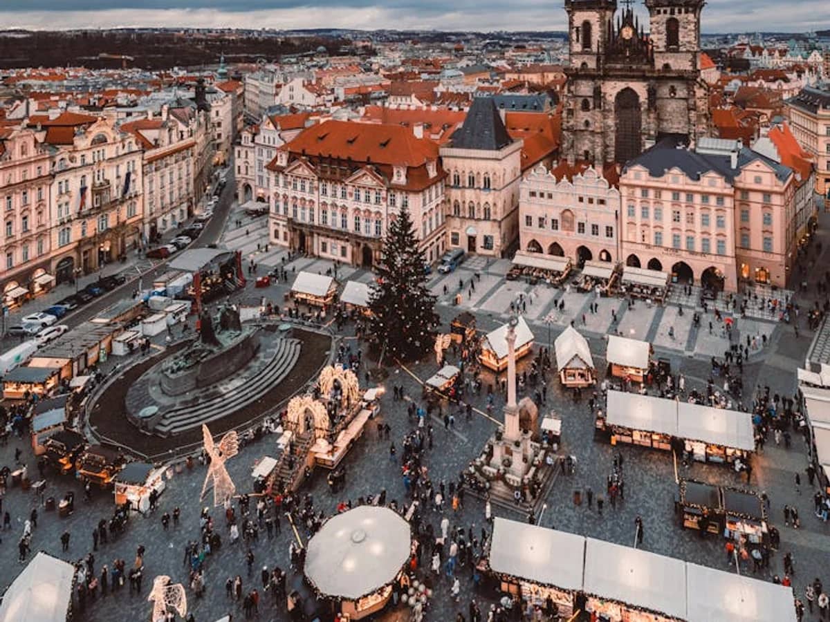 Prague aerial view featuring the Church of Our Lady before Týn during Christmas market season
