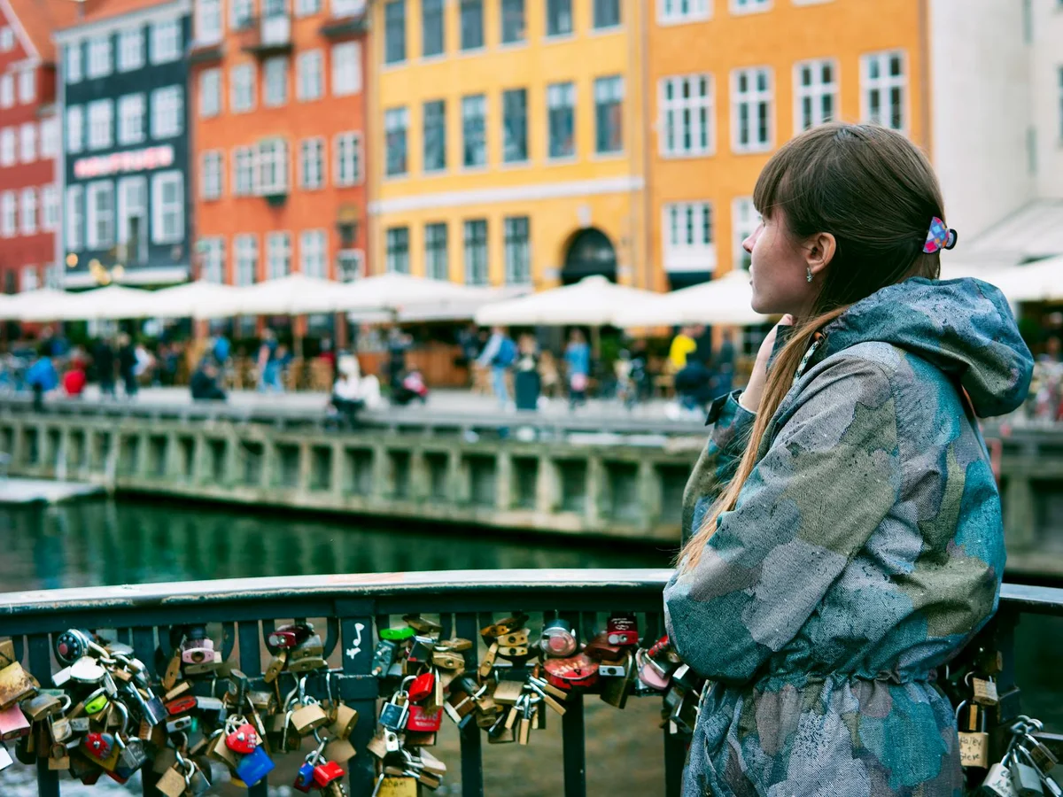Copenhagen colorful buildings and festive market during Christmas season