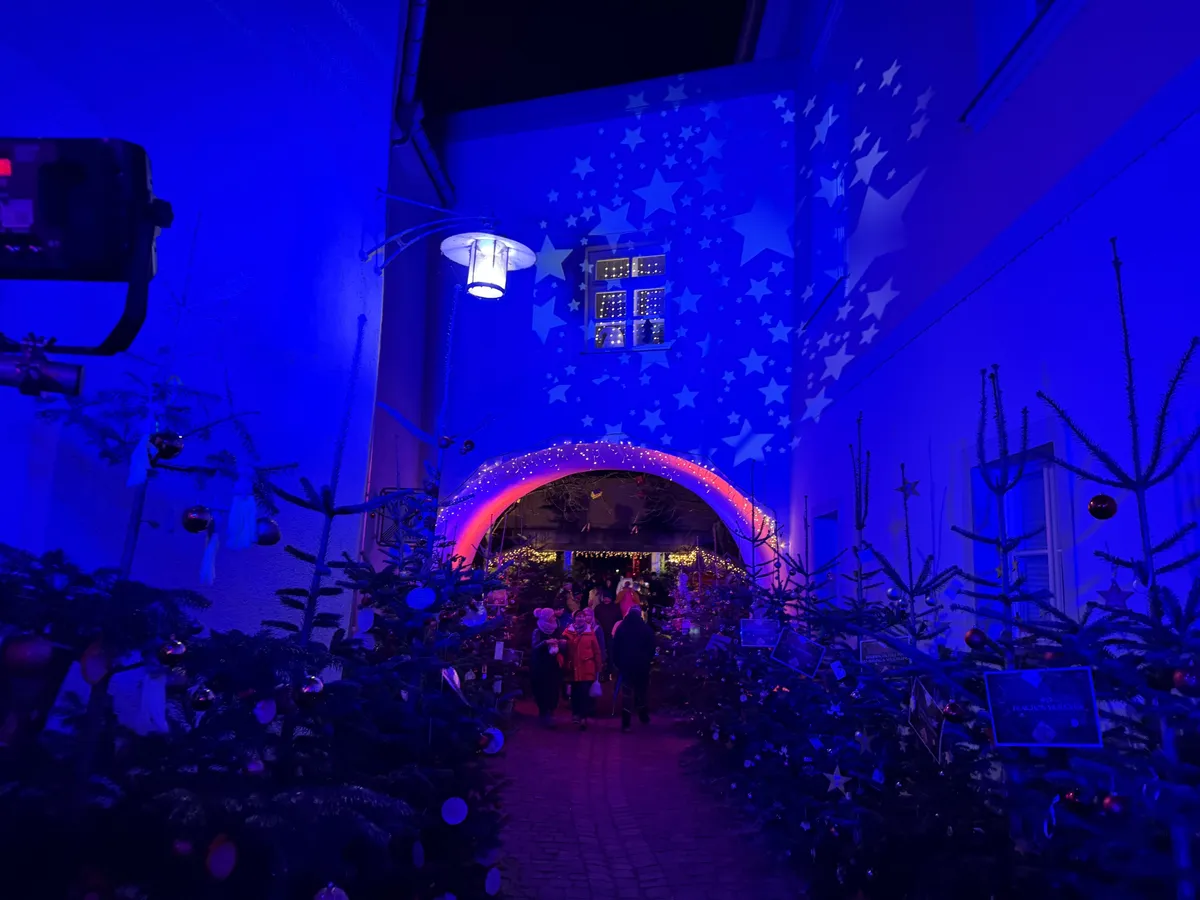 Vibrant festive decorations and lights illuminate the entrance of an Unknown Christmas market.