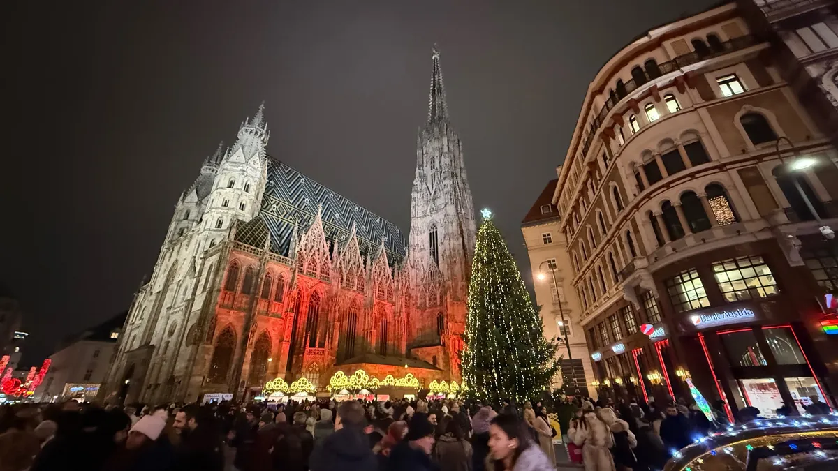 Festive decorations and lights illuminate an unknown Christmas market with St. Stephen's Cathedral in Vienna.
