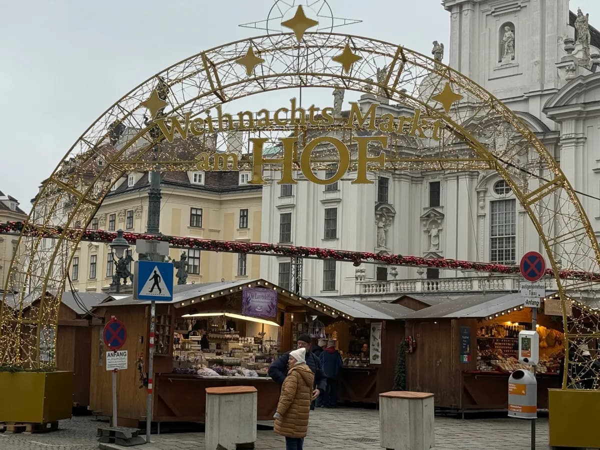 Festive decorations and lights at the Unknown Christmas market in Vienna's Weihnachtsmarkt am Hof.