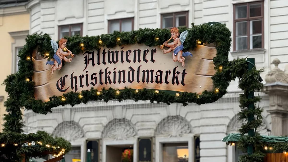 Unknown festive decorations with lights at Vienna's Altwiener Christkindlmarkt Christmas market.