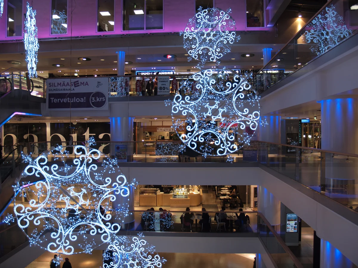 Helsinki elegant blue snowflake light installations winter atmosphere