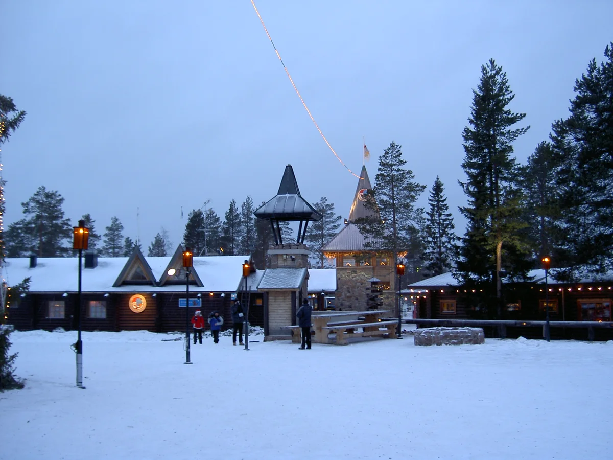 Rovaniemi iconic Santa Claus Village architecture in winter twilight