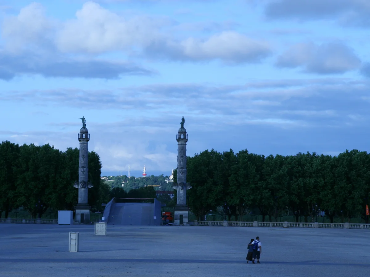 Bordeaux Girondins Monument at twilight during Christmas season