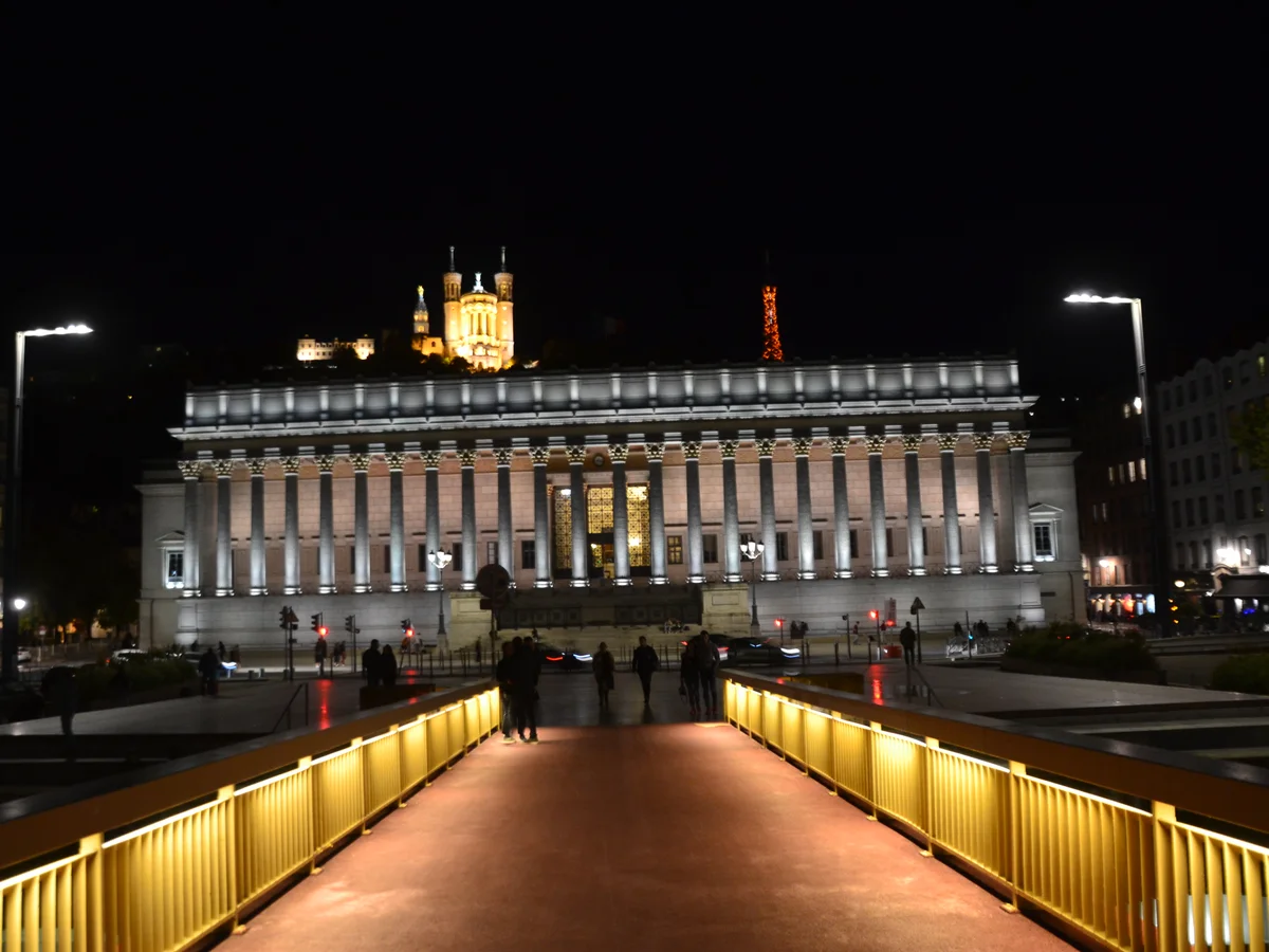 Lyon illuminated Basilica Notre-Dame de Fourvière during winter evening