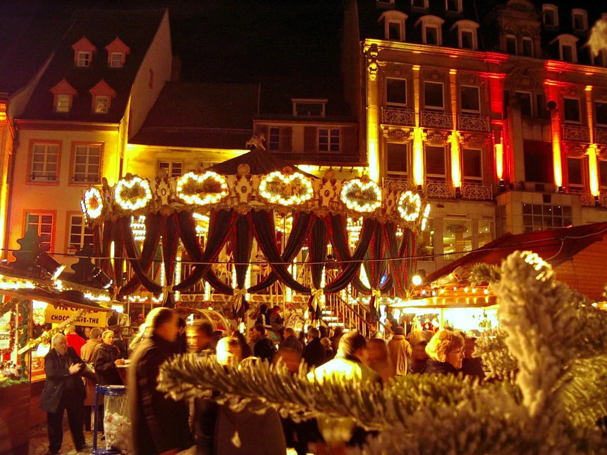 Marché de Noël de Mulhouse at blue hour, enchanting atmosphere at Place de la Réunion