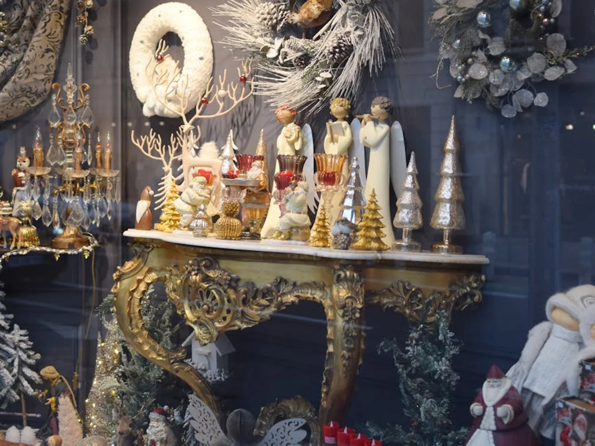 Nancy luxurious Christmas window display with gold accents and festive elegance