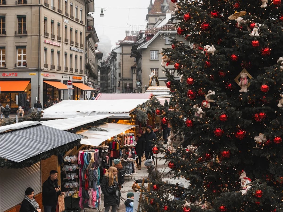 Obernai Christmas market with a decorated tree and historic architecture in winter