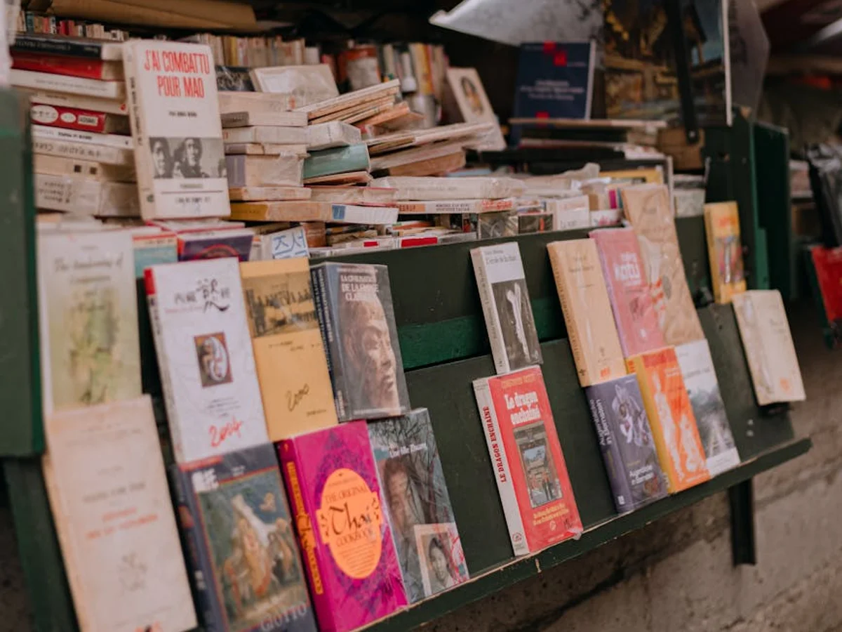 Paris bouquiniste stall showcasing vintage books in winter season