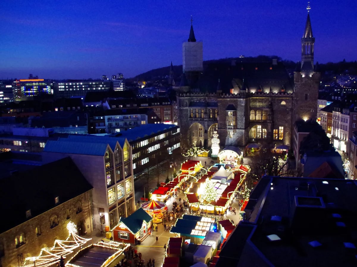 Aachen Cathedral blue hour aerial view with Katschhof Christmas market