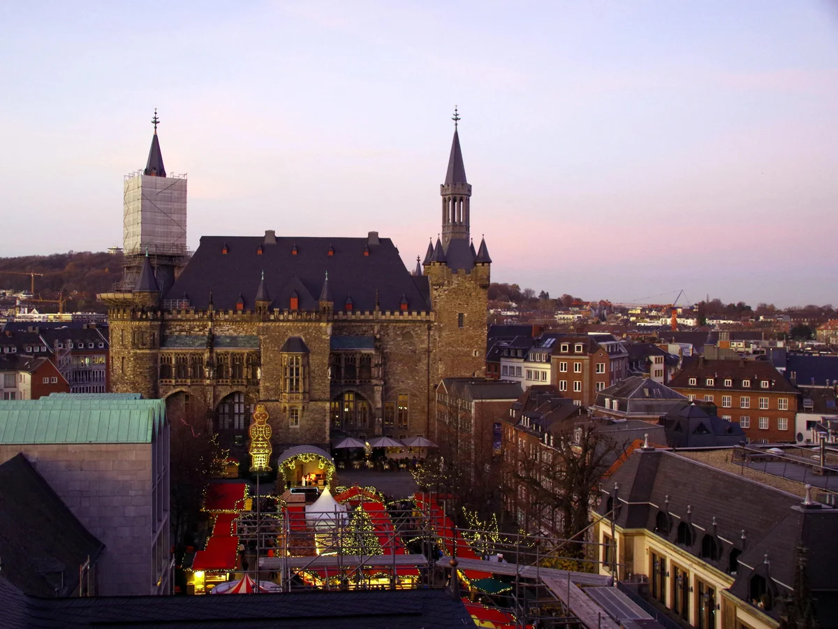 Aachen aerial view of Christmas market and Cathedral at sunset