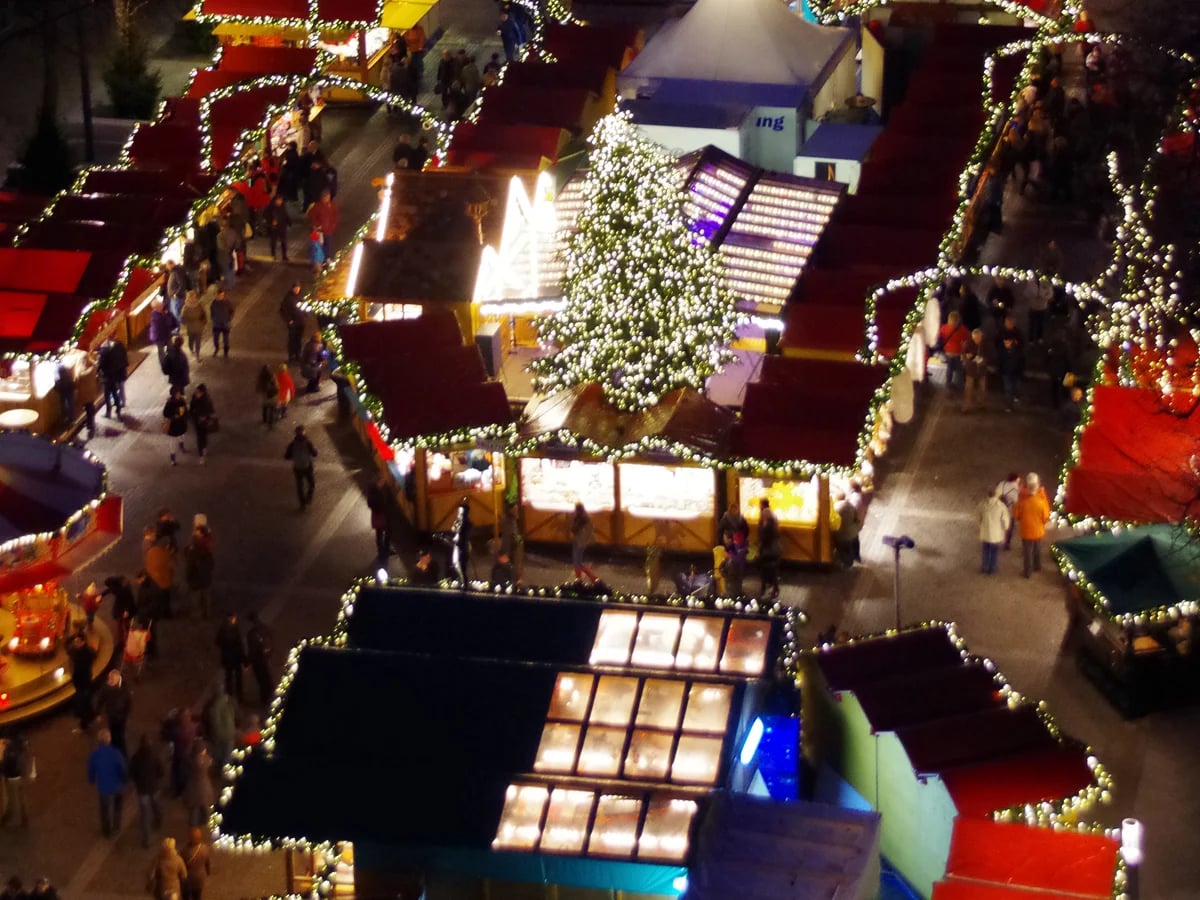 Aachen aerial view of Katschhof Christmas market during winter season
