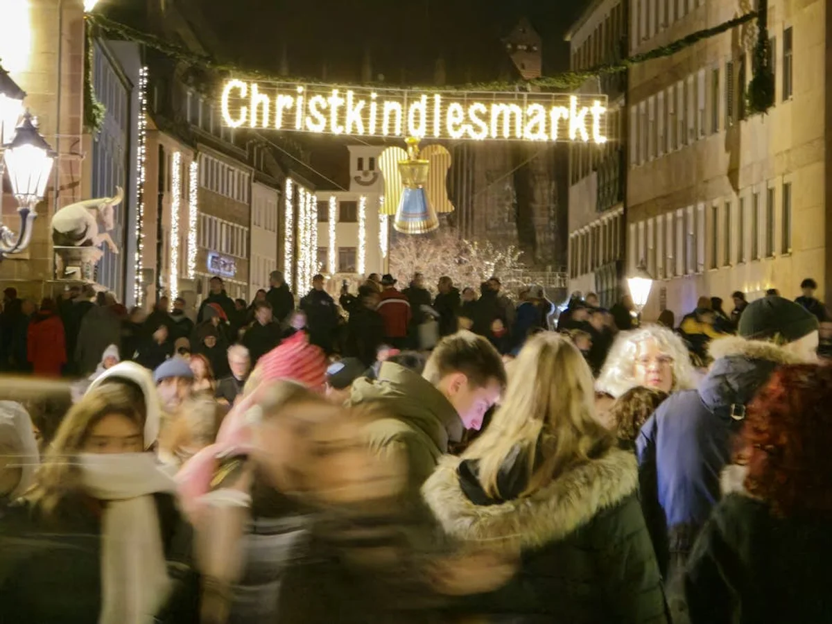 Bamberg illuminated Christkindlesmarkt sign in winter ambiance