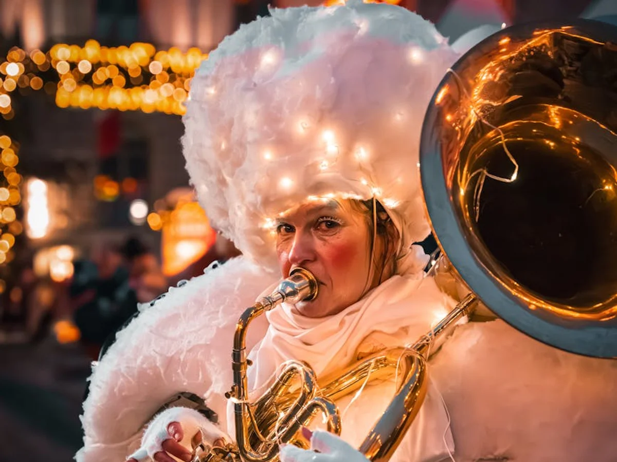 Berlin whimsical angel musician in fluffy costume during Christmas season