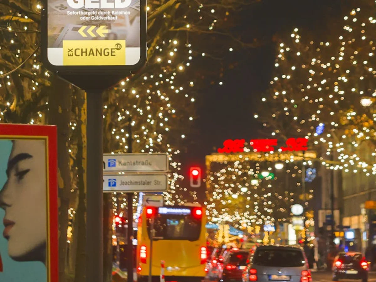 Berlin street scene adorned with festive lights during Christmas season