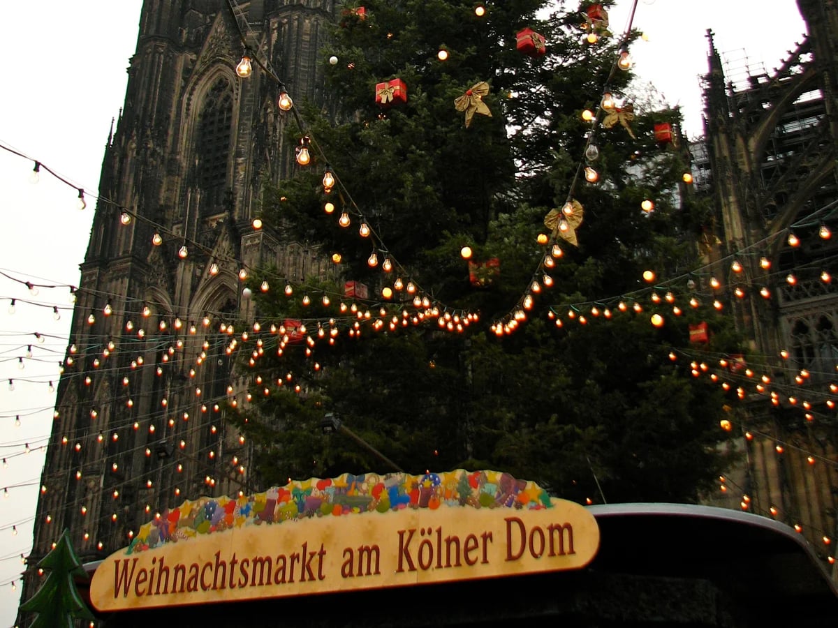 Cologne Cathedral adorned with Christmas lights during the festive season