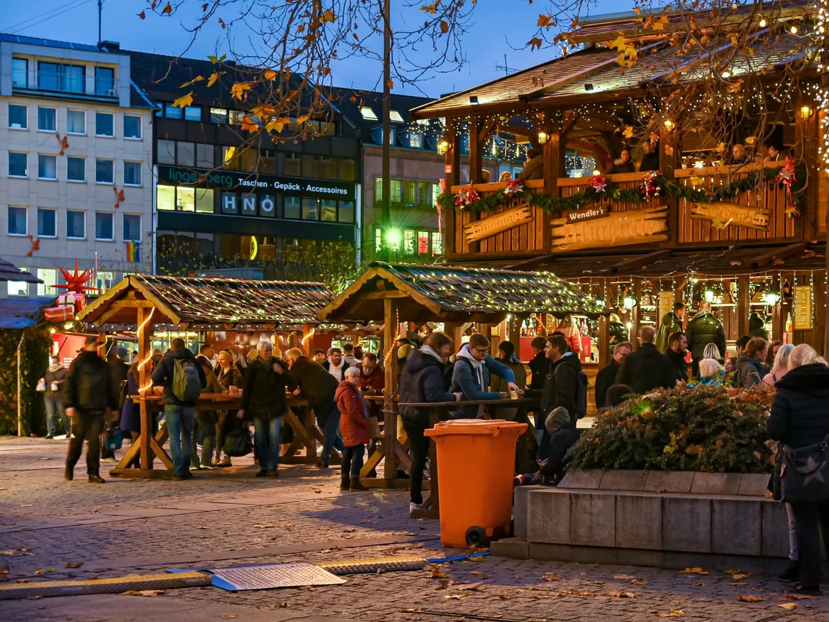 Dortmund bustling Christmas market at twilight showcasing winter charm