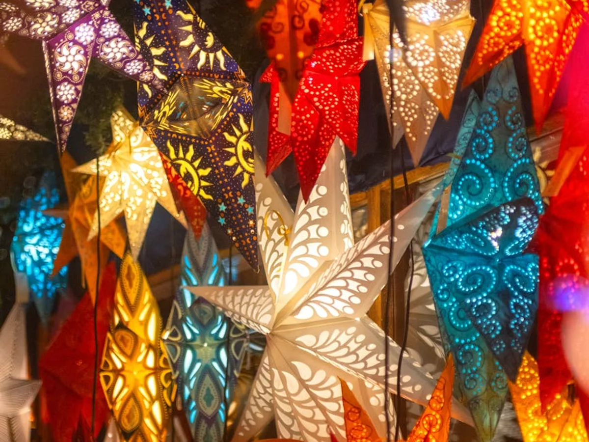 Dresden beautiful illuminated decorative stars in a festive Christmas market atmosphere