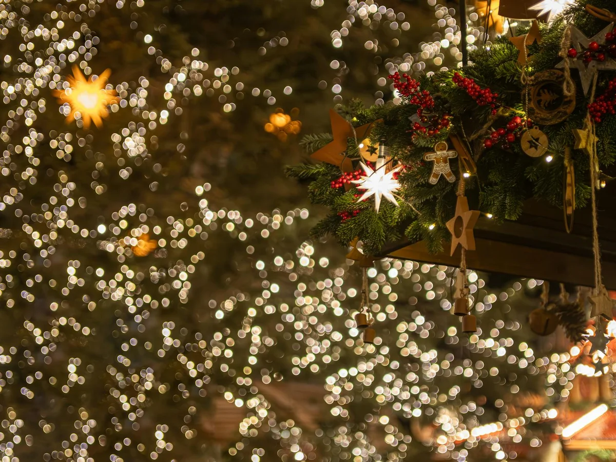 Dresden Striezelmarkt decorations with magical bokeh lights during Christmas season