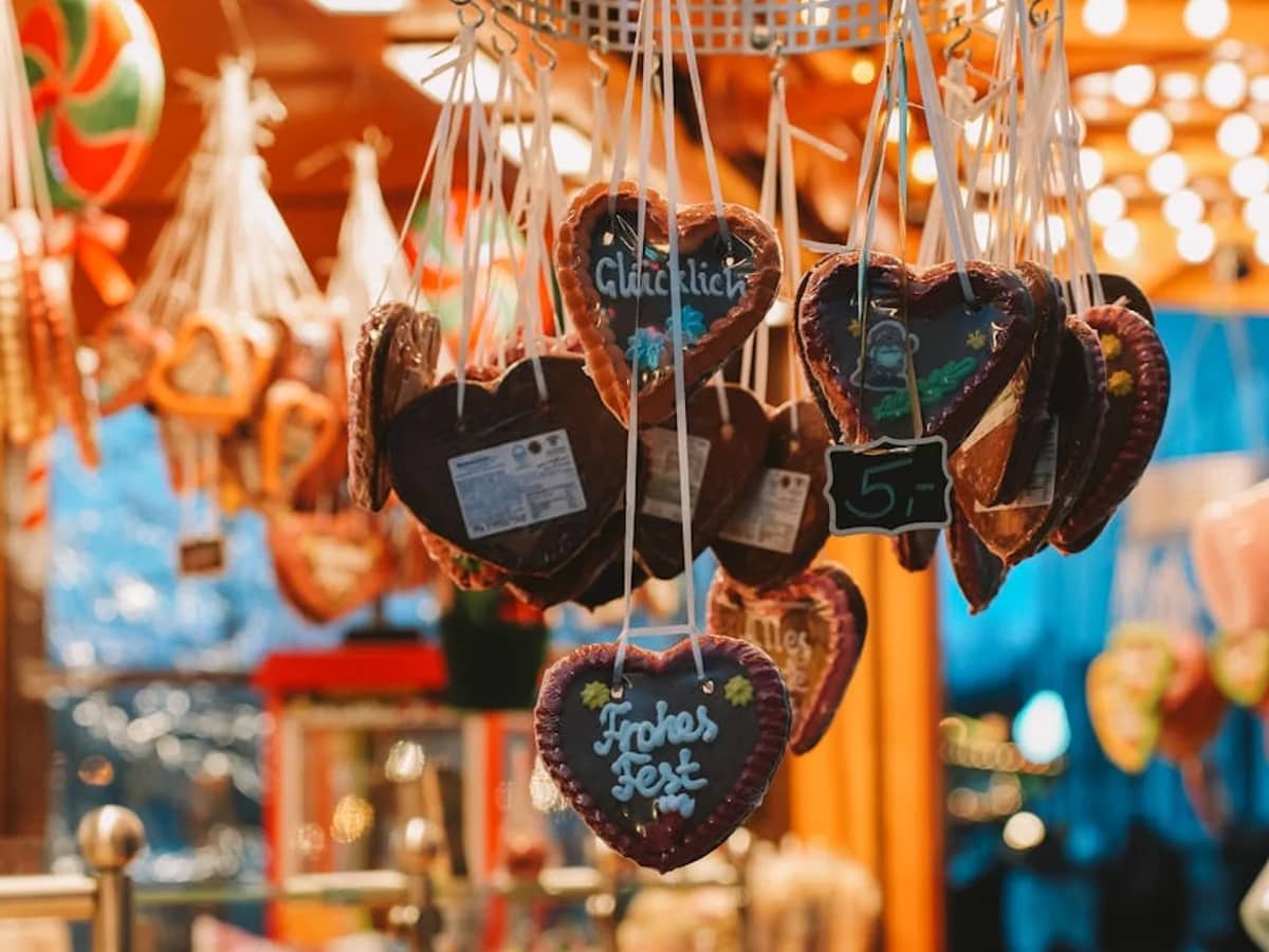 Düsseldorf gingerbread hearts closeup in festive winter market