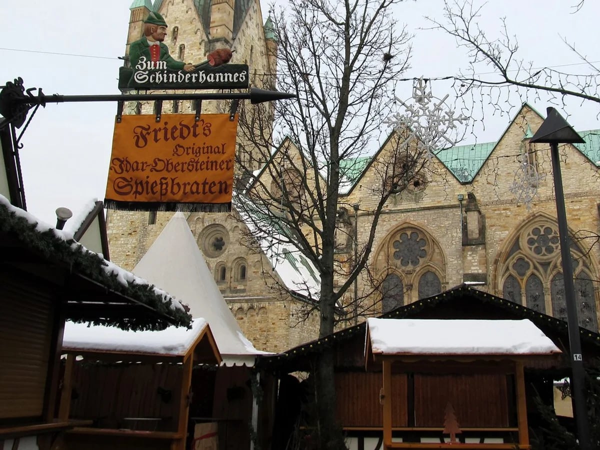 Erfurter Weihnachtsmarkt snow-dusted evergreens Erfurt winter wonderland Severikirche