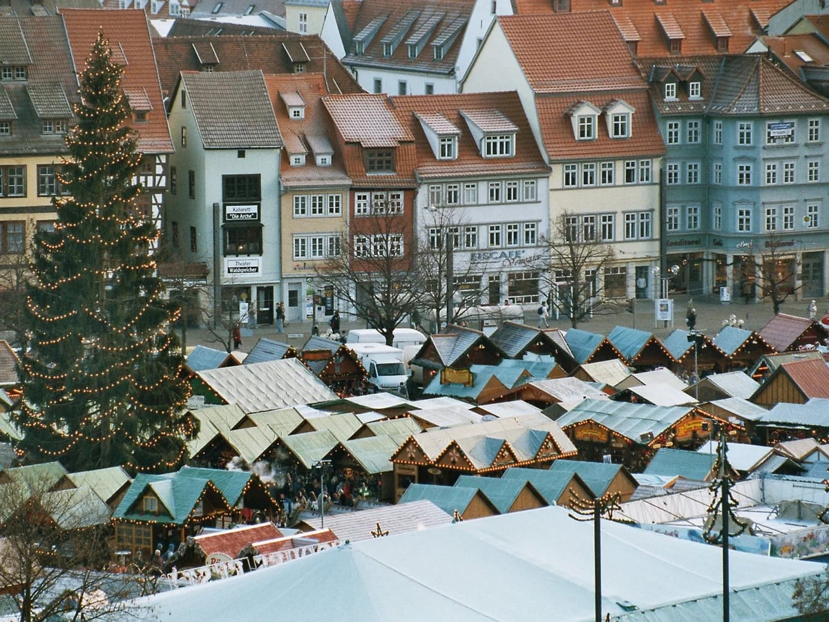 Erfurter Weihnachtsmarkt - Fischmarkt illuminated Christmas tree Erfurt medieval atmosphere historic townhouses